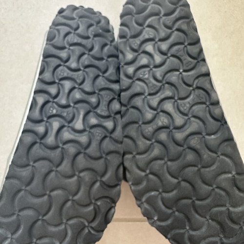 Birkenstock silver leather slippers, size 38