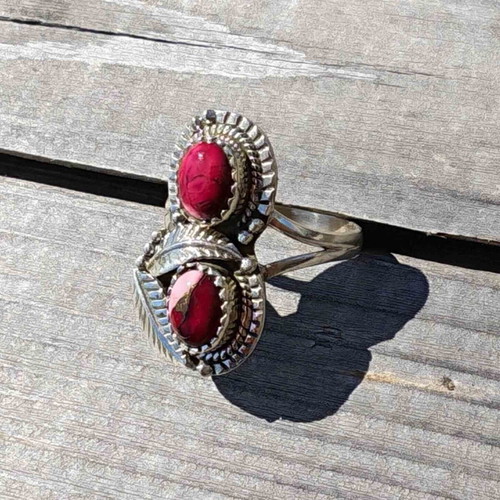 Silver ring with Red Rose Dahlia composite stone, new