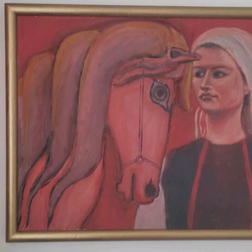 Painting by N. Dogoulis used, woman with horse on wood 53x73cm