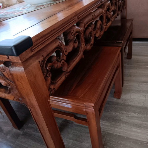 Indonesian carved dining table used with 6 stools
