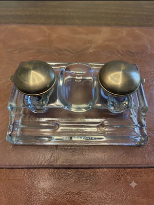 Vintage glass desk set with metal caps used, made in England
