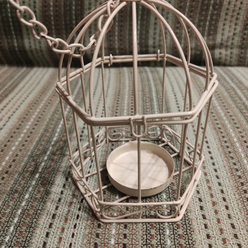 Metal cage candle holder with chain, ecru