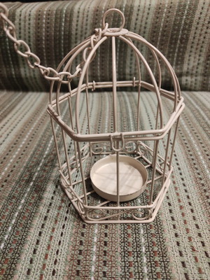 Metal cage candle holder with chain, ecru