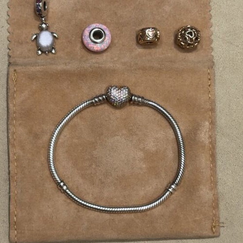 Pandora bracelet with charms like new, pink and silver, 18cm