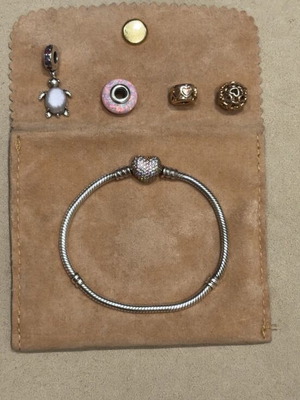 Pandora bracelet with charms like new, pink and silver, 18cm