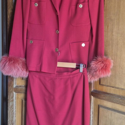 Red women's suit like new with fur cuffs