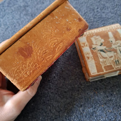 Egyptian leather boxes used, set of two with hand-painted designs
