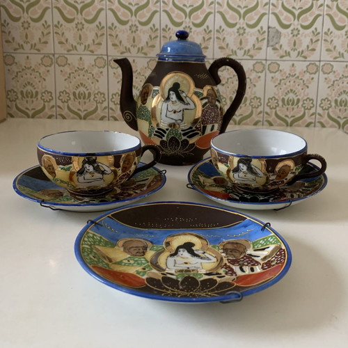 Japanese vintage tea set used with geisha motif 1950s porcelain