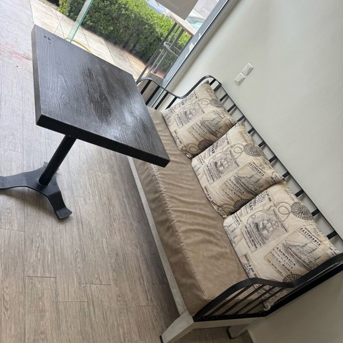 Hair salon equipment used with Electra sofa, table, mirrors, sinks, shelves