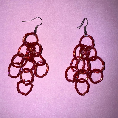 Handmade statement dangle earrings like new with red iridescent beads