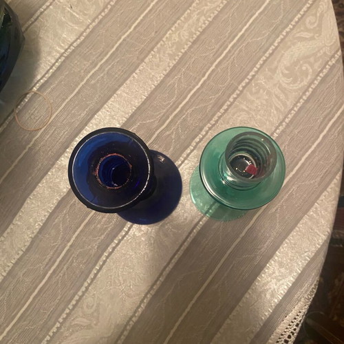 Vintage glass candlesticks used, set of two, one Cobalt Blue