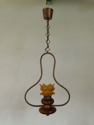 Pendant lamp copper with wooden base and colored glass vintage like new