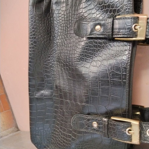 Vintage black women's shoulder bag with crocodile and snake texture, used