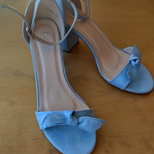GoGo Shoes blue castor sandals with removable bow and block heel