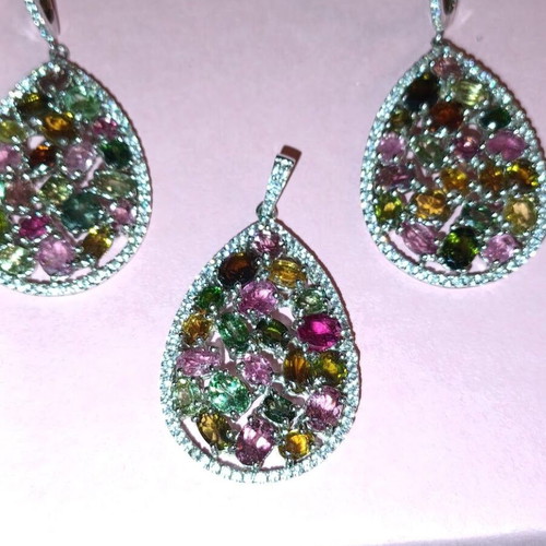 Silver 925 jewelry set with natural multicolor tourmaline, like new