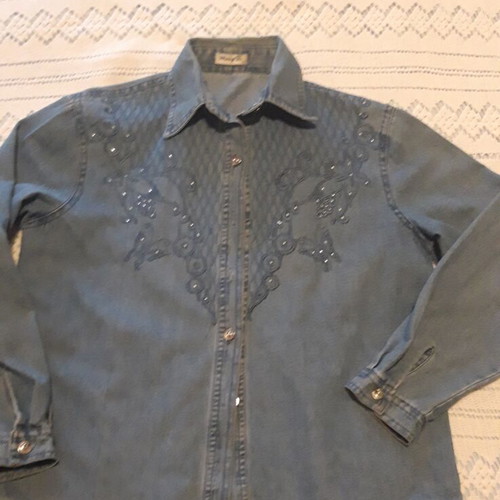 Women's denim shirt like new, design with rhinestones, loose fit, blue