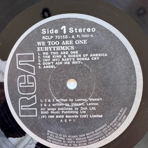 Eurythmics We Too Are One LP like new, pop