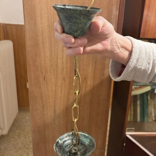 Vintage ceiling light used, brass with art glass shade