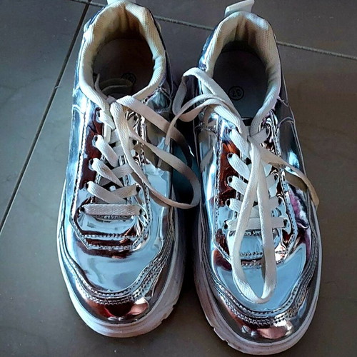 Silver Sneakers size 37 like new, chunky sole, synthetic leather