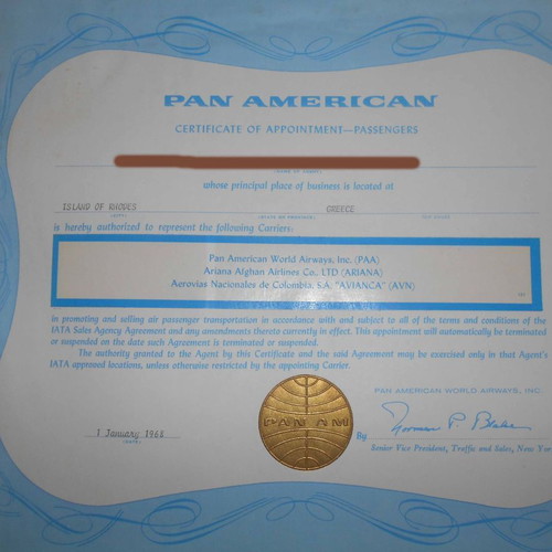 Original Pan American Customer Service Certificate 1968 used