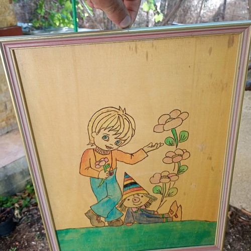 Woodcut painting used 42x32 awarded in special school contest