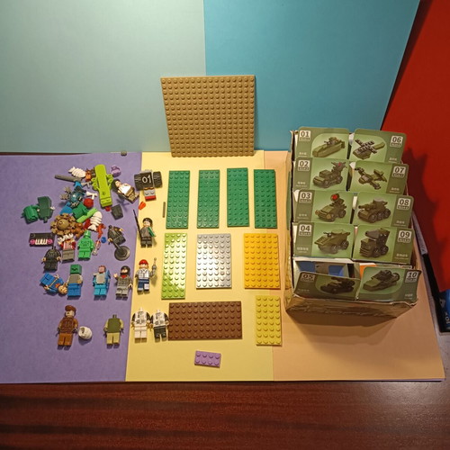 Building Blocks Lot with 10 Mini Tank Builds, Plates, Minifigures, Accessories