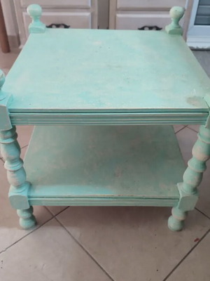 Vintage side table used in pastel dusty mint color