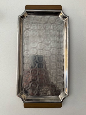 Vintage metal serving tray used stainless steel with decorative handles