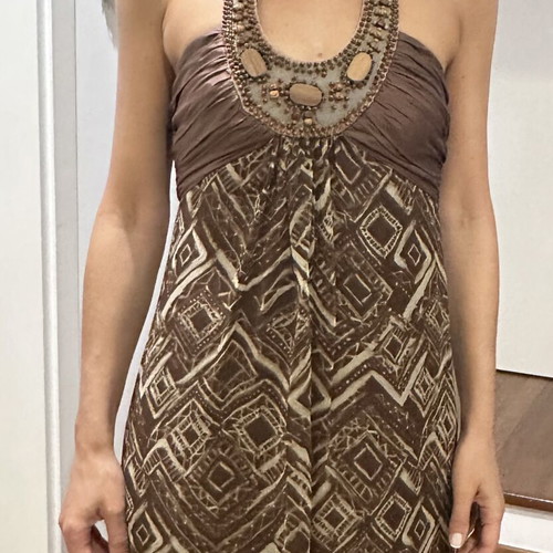 BCBG Max Azria silk dress like new, brown geometric pattern