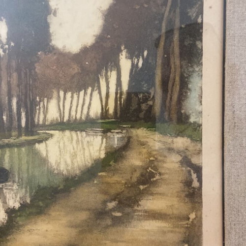 Old colored woodcut landscape with canal and boat, signed