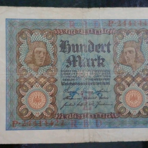 German mark banknotes used, 1000 mark 1910 and 100 mark 1920