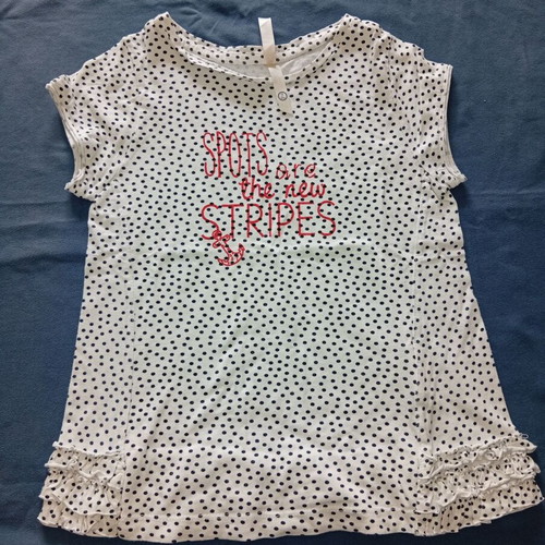 Mayoral short-sleeve children's blouse white with dark polka dots and ruffles size 7y/122cm like new