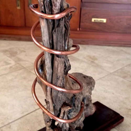 Handmade Driftwood Table Lamp with Copper Spiral and New Lampshade