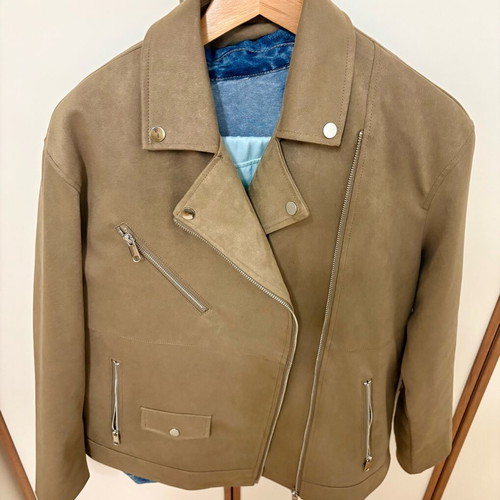 Zara faux suede biker jacket, green, new