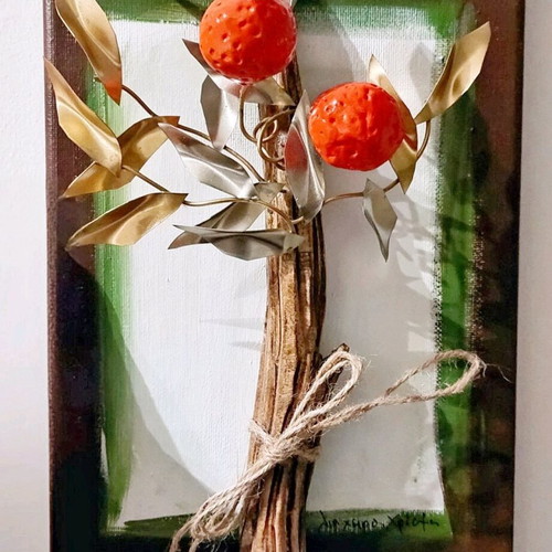 Handmade mixed media wall art with natural materials and metal leaves like new