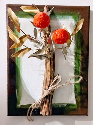 Handmade mixed media wall art with natural materials and metal leaves like new