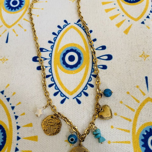 Boho ethnic gold-plated necklace with turquoise and evil eye charms new