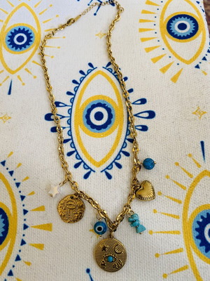 Boho ethnic επιχρυσωμένο κολιέ με τιρκουάζ και ματάκια καινούργιο