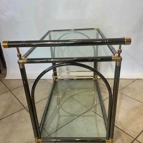 Vintage bar trolley with glass and metal frame used