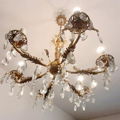 Chandelier, brass with crystals