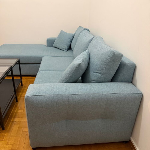 Corner sofa like new, modern design, blue, 242x185 cm