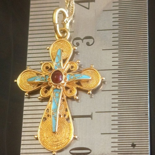 Apefthon 18k gold women's cross with turquoise and chain