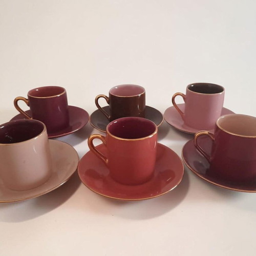 Espresso cup set used, 6 pieces fine porcelain pink and burgundy