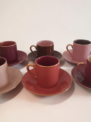 Espresso cup set used, 6 pieces fine porcelain pink and burgundy