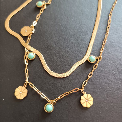 Double Necklace new, 18k gold plated stainless steel with turquoise stones