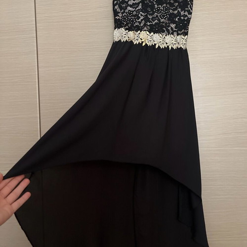 Strapless dress for reception like new, asymmetrical, black with gold