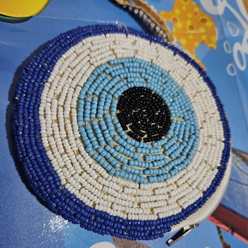 Handmade wallet with zipper, beads and eye design