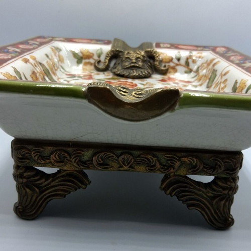 Wong Lee Porcelain Ashtray with Crackle and Bronze Details like new
