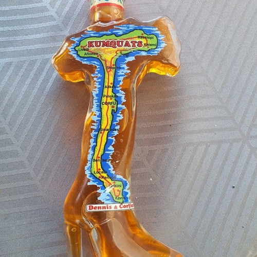 Kumquat liqueur Corfu in glass bottle shaped like women's boot new