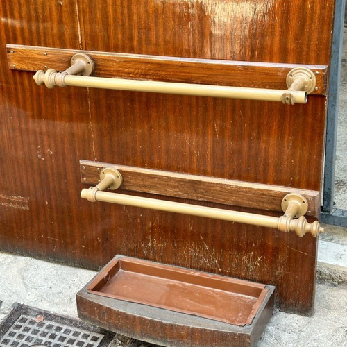 Retro wooden wall coat rack with mirror and canes 1950s used
